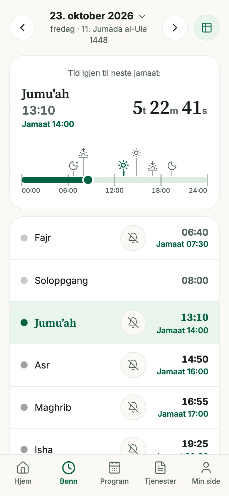 Bønn-siden: tid igjen til neste jamaat, dagen som en tidslinje og alle bønnene med påminnelse.