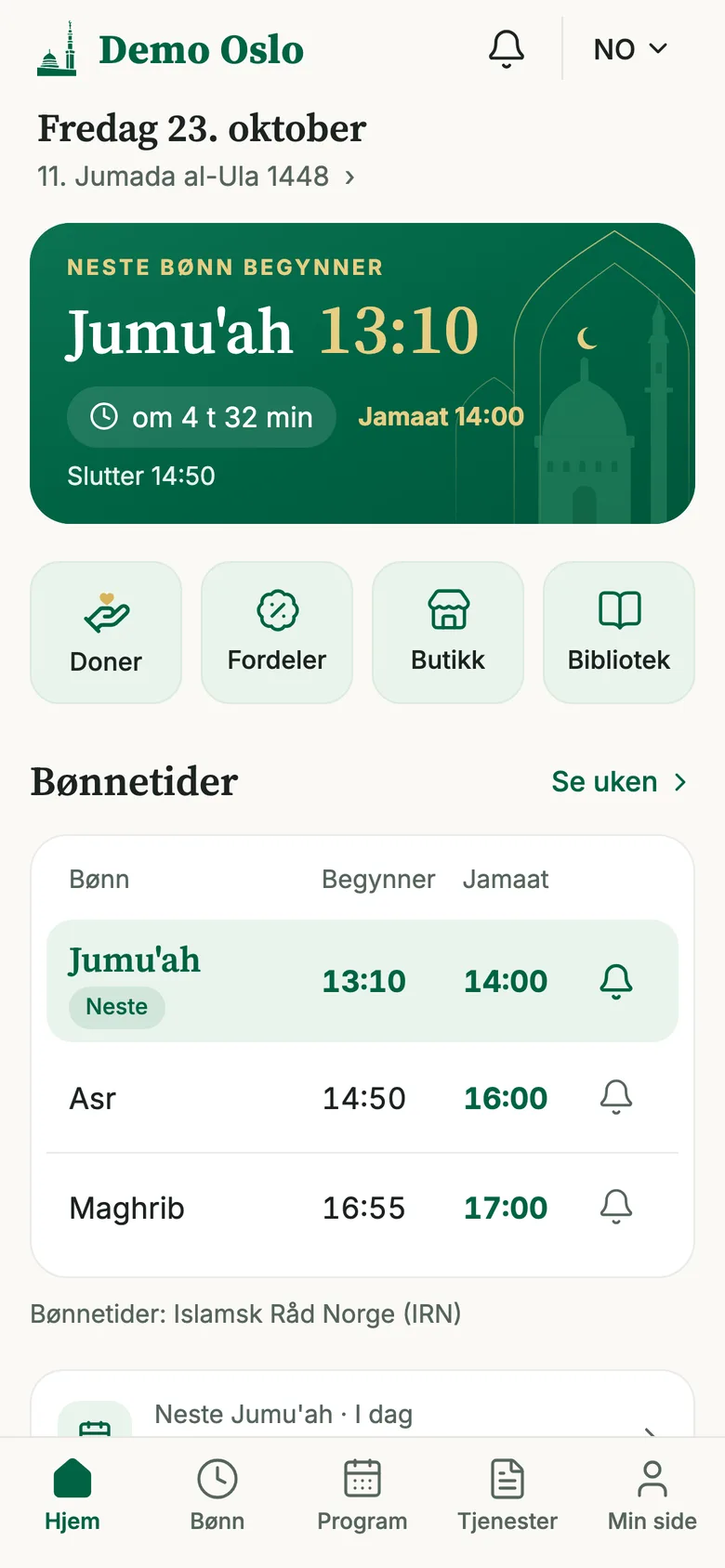 Appens forside: neste bønn, Jumu'ah 13:10, jamaat 14:00, og dagens bønnetider.